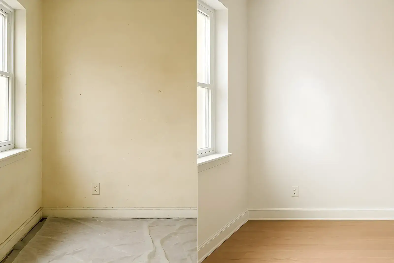 Antes y después de pintura interior en salón, trabajo de Los Pintores en Murcia con paredes renovadas